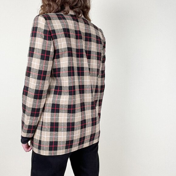 Vintage Linen Plaid Oversized Blazer Jacket Pea Coat Preppy Academia Old Money - Picture 3 of 6